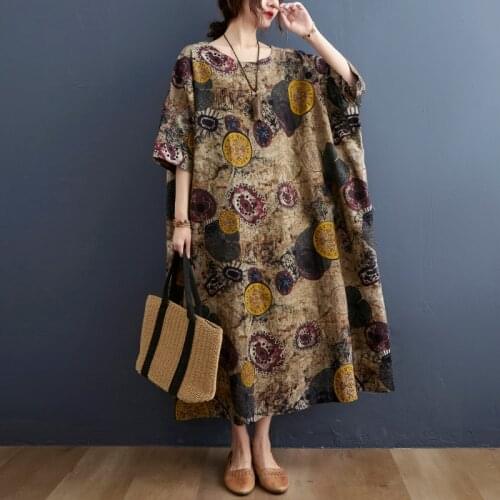 Soft Cotton Oversized Dress 2021 New Arrival Batwing Sleeve Loose Summer Dress Print Floral Vintae Women Long Maxi Casual Dress