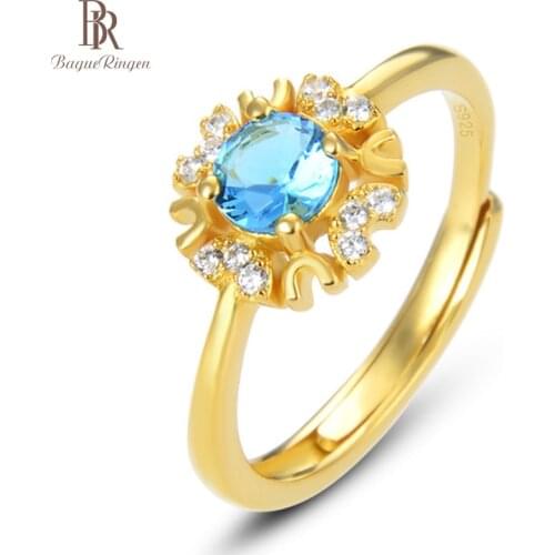 Bague Ringen Aquamarine Ring for Women Geometry Silver 925 Jewelry Round Gemstones Opening adjustable Gold color Accessory Gift