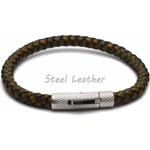 5pcs/lot Punk Genuine Leather Bracelet For Men Handmade Multilayer Stainless Steel Magnetic Clasp Bracelet Homme Jewelry