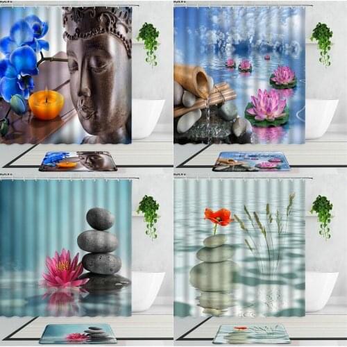 Buddha Zen Stone Lotus Shower Curtains Meditation Green Bamboo Spa Candle Home Decor Bathroom Baht Curtain Non-Slip Carpet Mats