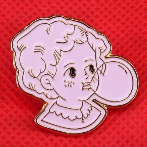 Blowing bubble girl enamel pin cute cartoon badge gold line brooches abstract art jewelry gift for kids women denim jacket acces