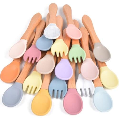 2pcs Baby Soft Silicone Spoon Fork Utensils Safety Baby Learning Wood Non-Slip Spoon Children Kids Boy Girl Food Feeding Tool