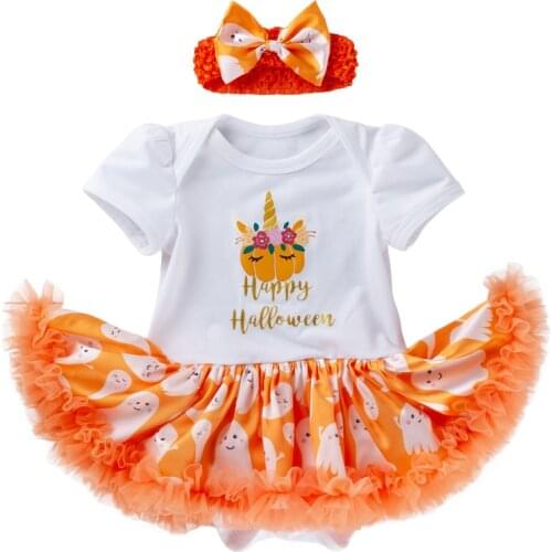 Cute Baby Girl Clothes Orange Happy Halloween Bodysuit with Skirt and Headband Baby Halloween Costume 0-24M