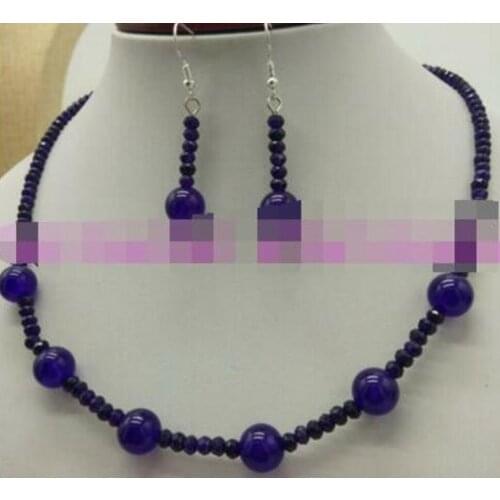 Free Shipping Genuine 2x4mm Natural Amethyst & 10mm Jade Round Beads Necklace Earrings Set 18"