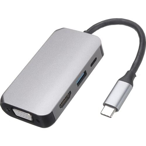 Durable Aluminum Alloy 4-in-1 Type-C Converter High Speed USB 3.0/VGA/PD Charging Port Hub Adapter For PC Laptop Computer