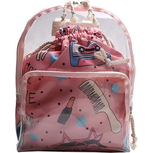 Mini Clear Backpack Women Female Backpack School Backpack Travel Bag For Girls Teenagers 2 IN 1 Zipper And Drawstring Bag