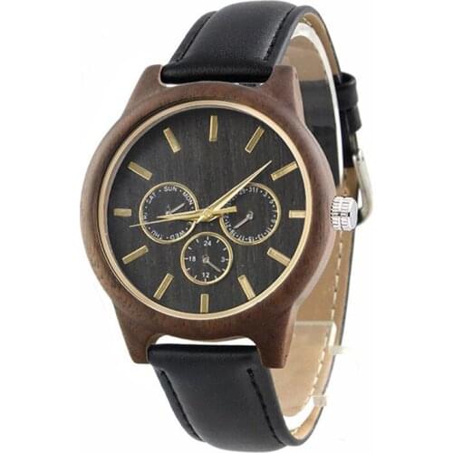 Dropshipping Minimalist Customize Black Leather Strap Three Eyes Walnut Wooden Wrist Watch with Black Face for Men