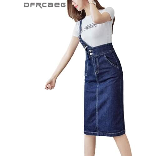 Sexy One Shoulder Suspender Denim Skirt Woman 2021 High Waist Streetwear Ladies Jean Strap Skirts Retro Saia Deep Blue