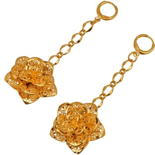 Anniyo Rose Flowers Drop Earrings for Women Gold Color Blossom Jewelry Trendy Gifts #082106