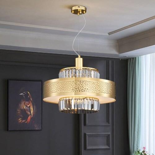LED Postmodern Round Golden Stainless Steel Crystal Chandelier Lighting Lustre Suspension Luminaire Lampen For Dinning Room