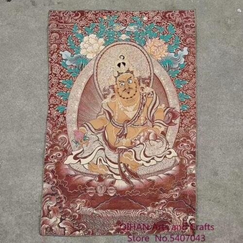 Thangka embroidered portrait of the Buddha of the God of wealth, brocade and silk embroidery