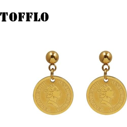 TOFFLO Stainless Steel Jewelry Gold Coin Earrings Queens Head Picture Earrings Womens Fashion Earrings BSF117