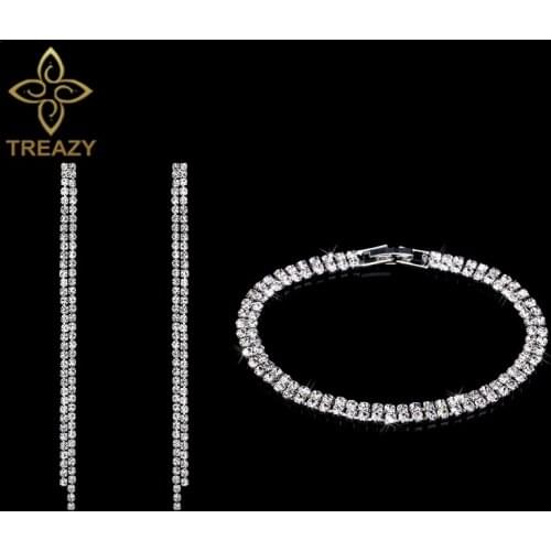 TREAZY Simple 2 Row Rhinestone Crystal Bridal Jewelry Set Sparkling Bracelet Earrings Set Wedding Jewelry Accessories for Women