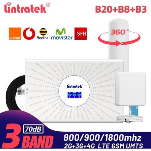 Lintratek B20 Cellular Booster 800mz 900 1800 2G 3G 4G GSM UMTS LTE Singal Amplifier 70dB Triband Repeater Omni Antenna Full Kit
