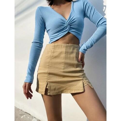 Knot Long Sleeve Women Soild Knit Slim Fit Crop T-Shirt Cute Top