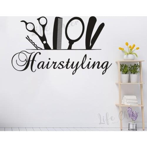 Hairstyling Logo Vinyl Wall Window Sticker Scissor Comb Mirror Tools Wall Decal Hair Salon Decor Babershop Vinyl Poster AZ995