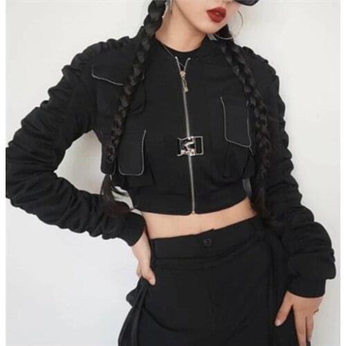 Chic Fall Women O-Neck Pockets Bomber Jacket Motorcycle Zipper Black Slim Coat Cardigan Long Pleated Sleeve Crop Tops Chaqueta