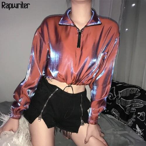 Rapwriter Fashion Turtleneck Zipper Drawstring Hem Harajuku Discolor Sweatshirt Women 2020 Autumn Long Sleeve Crop Top Pullovers