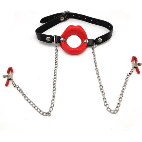 Women Sexy Exotic Accessories Rubber Nipple Clamps PU Leather Open Mouth Gag Nipple Clamp Gag Ball Pinzas Pezones Sexual Toys