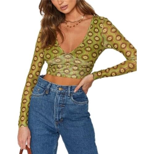 Female Crop Tops T-Shirts Casual Floral Print Deep V-Neck Long Sleeve Sexy Backless Blouse for Summer Autumn Green 2021