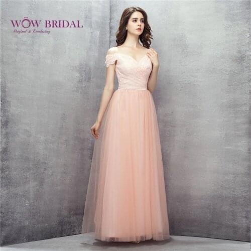 Wowbridal 2017 Lace Sleeveless Long Prom Dresses Tulle Pink Pleated Elegant Special Occasion Dress Formal D