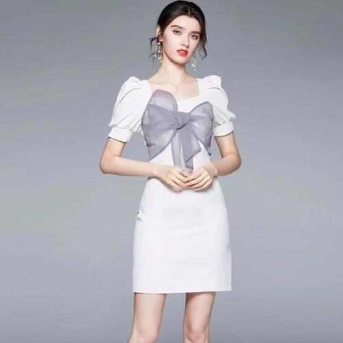 IVY HE Summer Womens Dress 2021 New Womens Wear French Square Neck Lace Bow Bubble Sleeve Office Lady Sweet Dresses