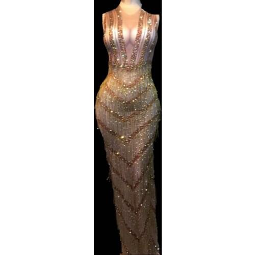 Sparkly Crystals Big Stretch Dress Womens Evening Party Wear Full Rhinestones Tassel Dress Prom Birthday Celebrate Outfit