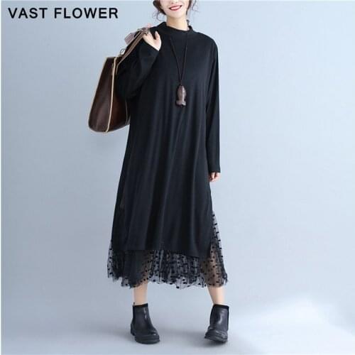 Women Plus Size Patchwork Mesh Dress Cotton Long Sleeve Casual Loose Spring Autumn Fashion Elegant Clothes 2021 Ladies Dresses