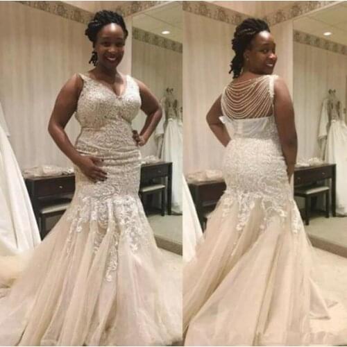 African Mermaid Lace Wedding Dresses V Neck Appliques Plus Size Bridal Gowns Beading Chains Tulle Wedding Gowns