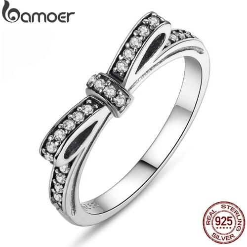 BAMOER HOT 925 Sterling Silver Sparkling Bow Knot Stackable Ring Micro Pave CZ for Women Valentines Day Gift Jewelry PA7104