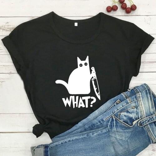 Cat What T Shirt Kawaii Cat Knife Funny T shirt Women O-neck Loose Tshirt Women Black Tee Shirt plus size women camisas mujer