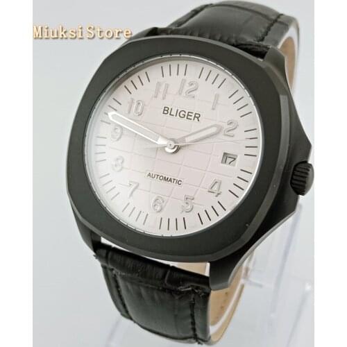 New fashion luxury brand BLIGER black watches 40mm Sapphire glass Silver Dial Date Automatic Mens Watch 2903