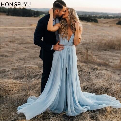 HONGFUYU Sexy Chiffon Prom Dresses A-line Spaghetti Straps vestidos de fiesta Sleeveless Slit Party Gowns V Neck Evening Dress