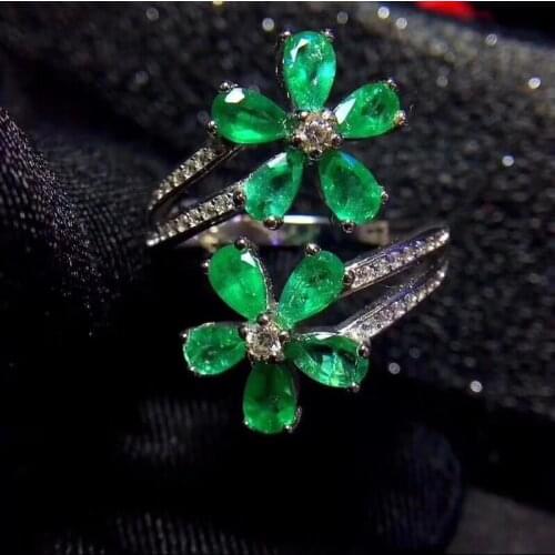 Natural emerald ring, 925 silver, leaf shape, exaggerated style, beautiful color, the product of nature