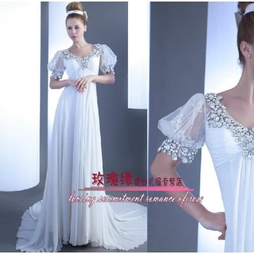 Pretty wedding gown free Shipping Rhinestone Bridal Puff Sleeve Long Princess Sweetheart Brides Chiffon Bespoke Wedding Dresses