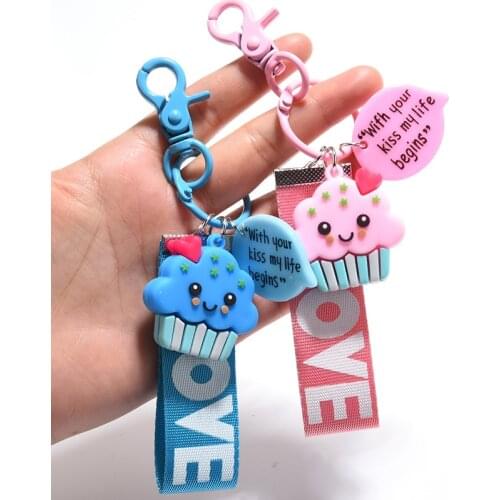 Fashion Cartoon PVC Cake Keychain Cute Pink LOVE Letter Ribbon Key Chain Lanyard Bag Pendant Charms Car Keyholder Keyring Gift