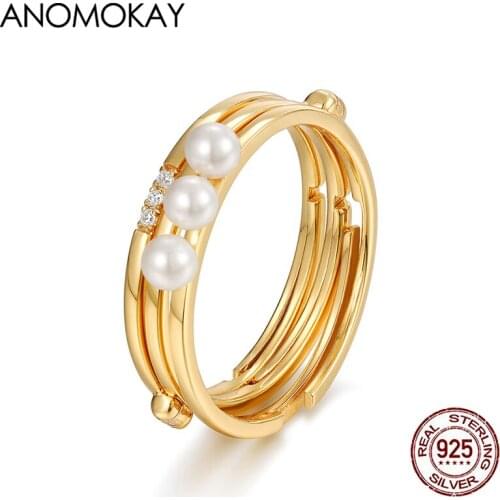 Anomokay New Japan & Korea Simple Three Layer Stackable Gold Color Ring Set with Pearl 100% 925 Sterling Silver Rings for Party