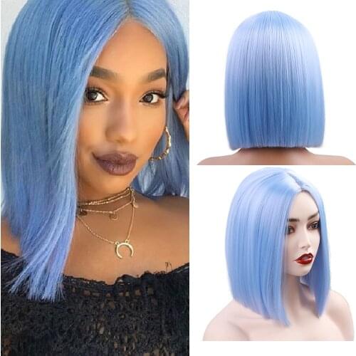 MODERN QUEEN Synthetic Short BOB Wig Pink/Blue Color Female Bob Wig With Air Bangs High Temperature Wig Cosplay Wigs for Girl