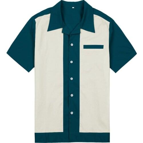 Men Casual Shirt ST111 Cotton Short Sleeve Grey Blue Green Vintage Rock Bowling Shirt 50s Male Clothing