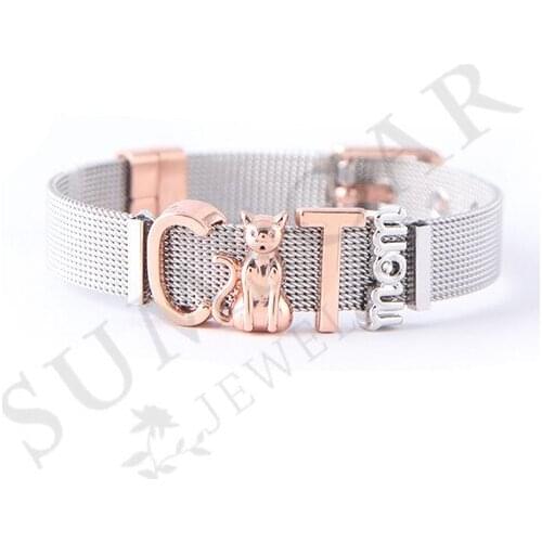 Somsoar Jewelry Cat Love Mom Stainless Steel Mesh Charms Bracelet & Bangle with DIY Charms for Mothers Day Gift