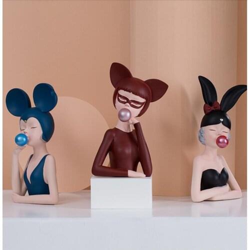 Nordic Blowing Bubble Cat Rabbit Girls Resin Statue Home Livingroom Table Sculpture Crafts Office Desktop Figurines Decoration