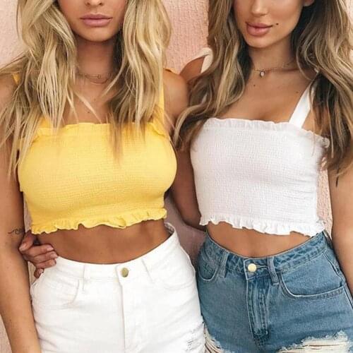 Summer Women Sexy Sleeveless Slim Ruffled Bandage Vest Solid Color Tank Crop Top Women Casual Tank Tops Vest Sleeveless Crop Top