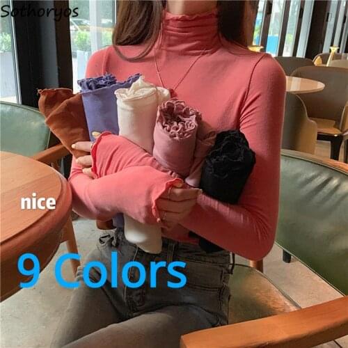 Sleep Tops Women Long Sleeve Solid Ruffled Sweet Students Simple Slim Turtleneck Tees Plus Velvet Autumn Undershirts Comfortable