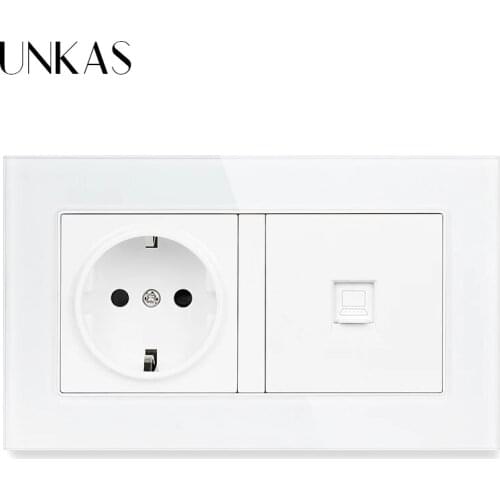 UNKAS Tempered Crystal Glass Panel 16A EU Standard Power Socket + RJ45 Internet Computer Connector Jack 146MM*86MM Outlet