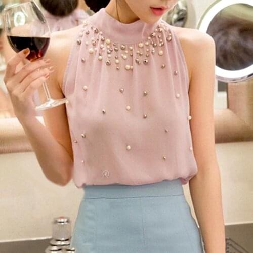 Plus Size Stylish Women Solid Color Sleeveless Mock Neck Halter Blouse Beads Chiffon Top OL Ladies Tops Summer