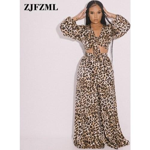 Cheetah Leopard Print Two Piece Pant Set Women Clothing Long Sleeve V-neck Crop Top+loose Wide Leg Trouser Vintage Sweatsuits