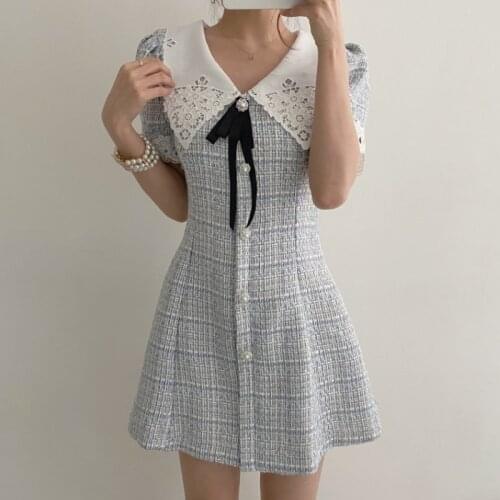 2021 New Summer Women Sweet Bow Short Sleeve Slim Dress Ladies Fashion Single Breasted Coarse Cloth Tweed Plaid Chic Mini Dress