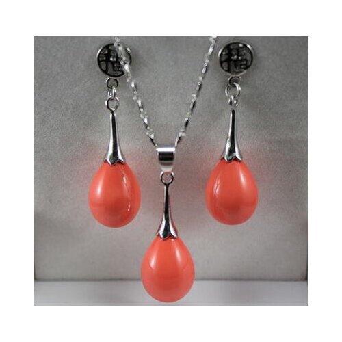 Free Shipping wholesale noble 12*16mm orange water drop shell pearl pendant & fu lucky earring jewelry set