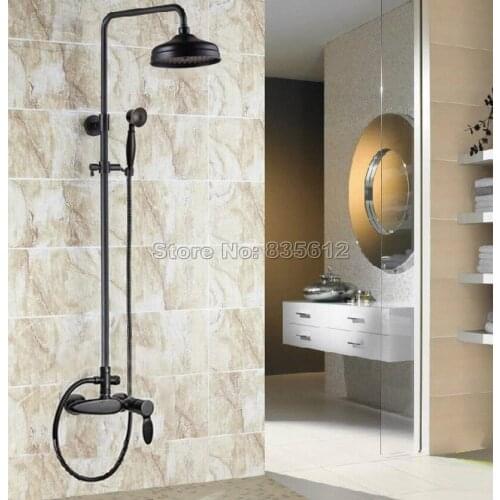 Black Antique Brass 8 inch Round Bathroom Rain Shower Faucet Set with Handheld Shower + Single Handle Mixer Taps Wrs434