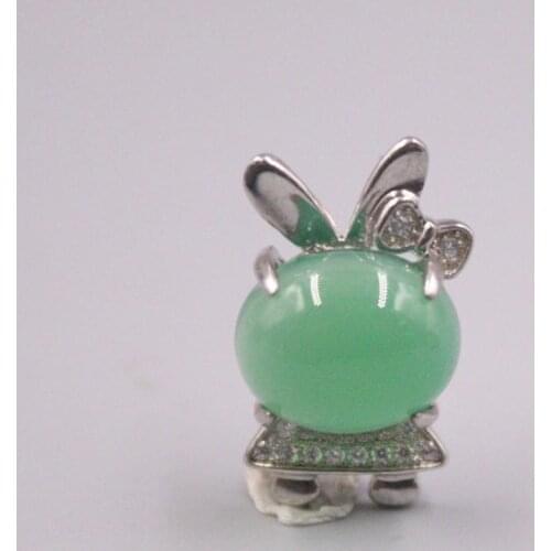 Pure 925 Sterling Silver Pendant 21x12mm Green Chalcedony Bead Rabbit Charms